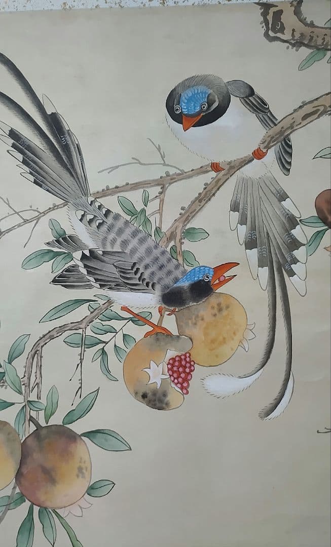 掛け軸大判 梅鳩図 銘あり 呂記 直筆