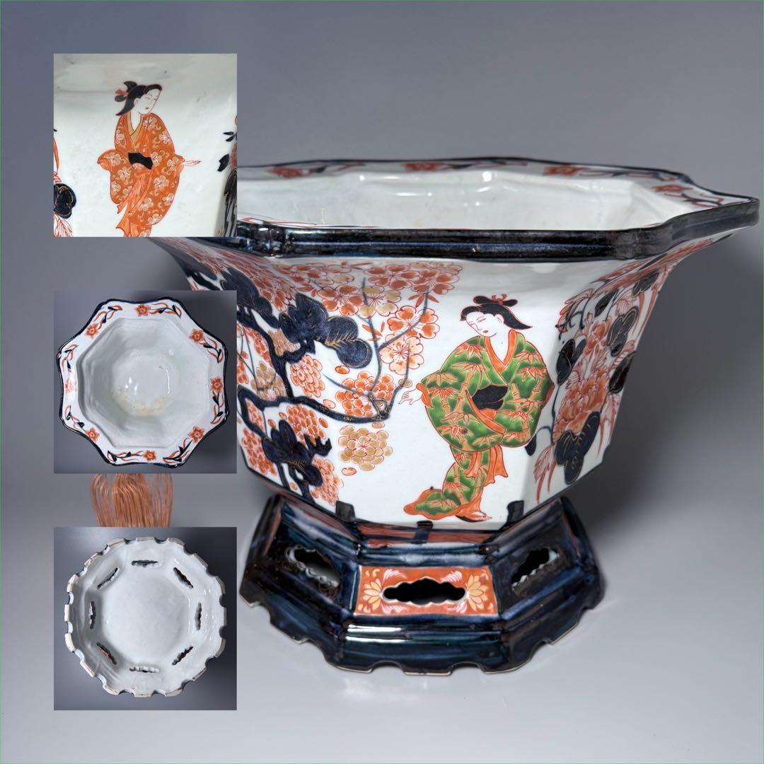 幕末〜明治期　染錦美人図大鉢　盆栽　植木鉢　高さ26cm　直径37.5cm