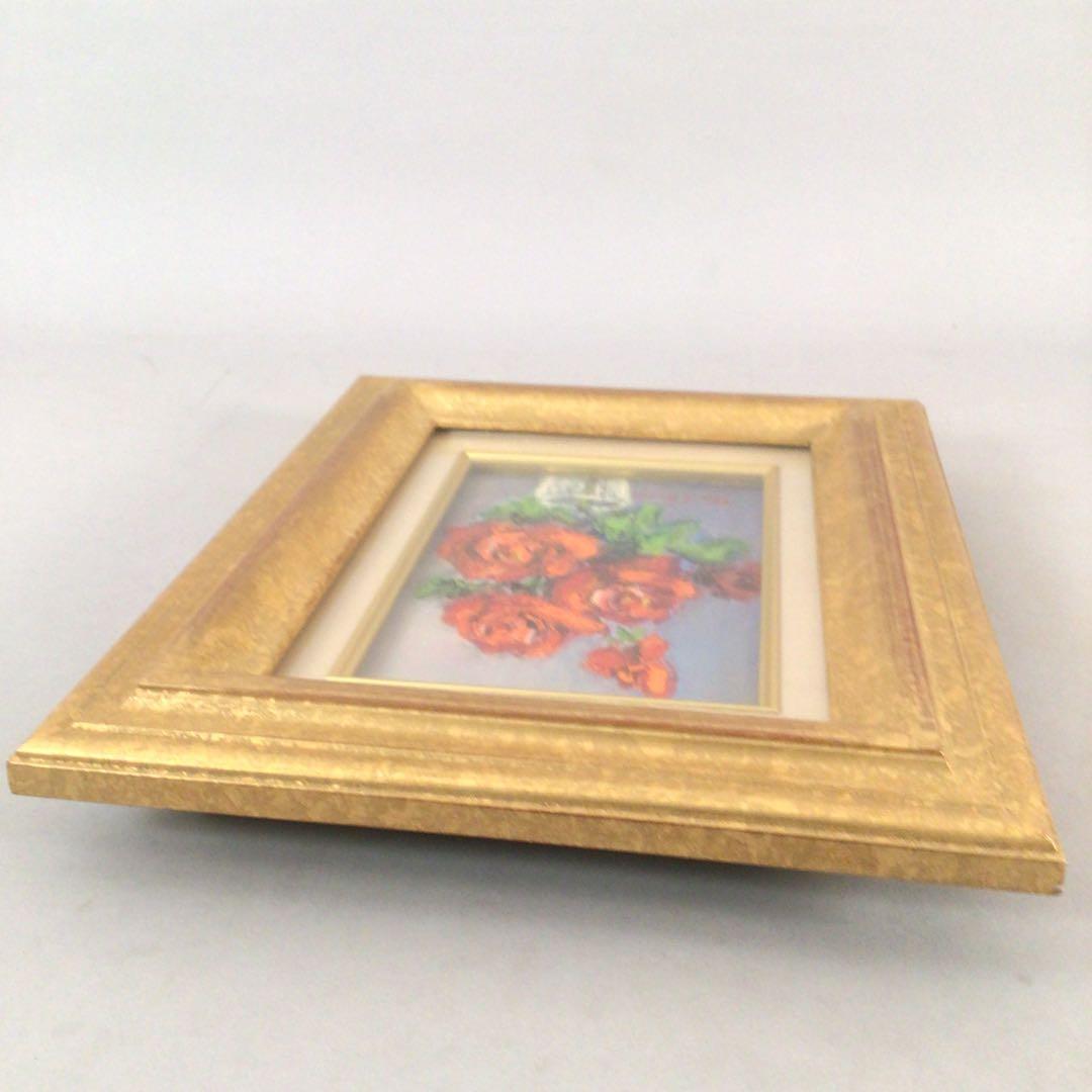 No3888 額装　真作　金原富広「バラ」　2000年 油彩画　裏書有 送料無料