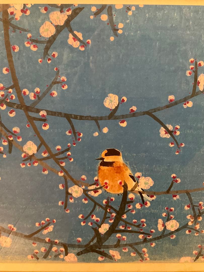 前田青邨「紅白梅に山雀」シルクスクリーン　落款・エディション・作品証明シール有り