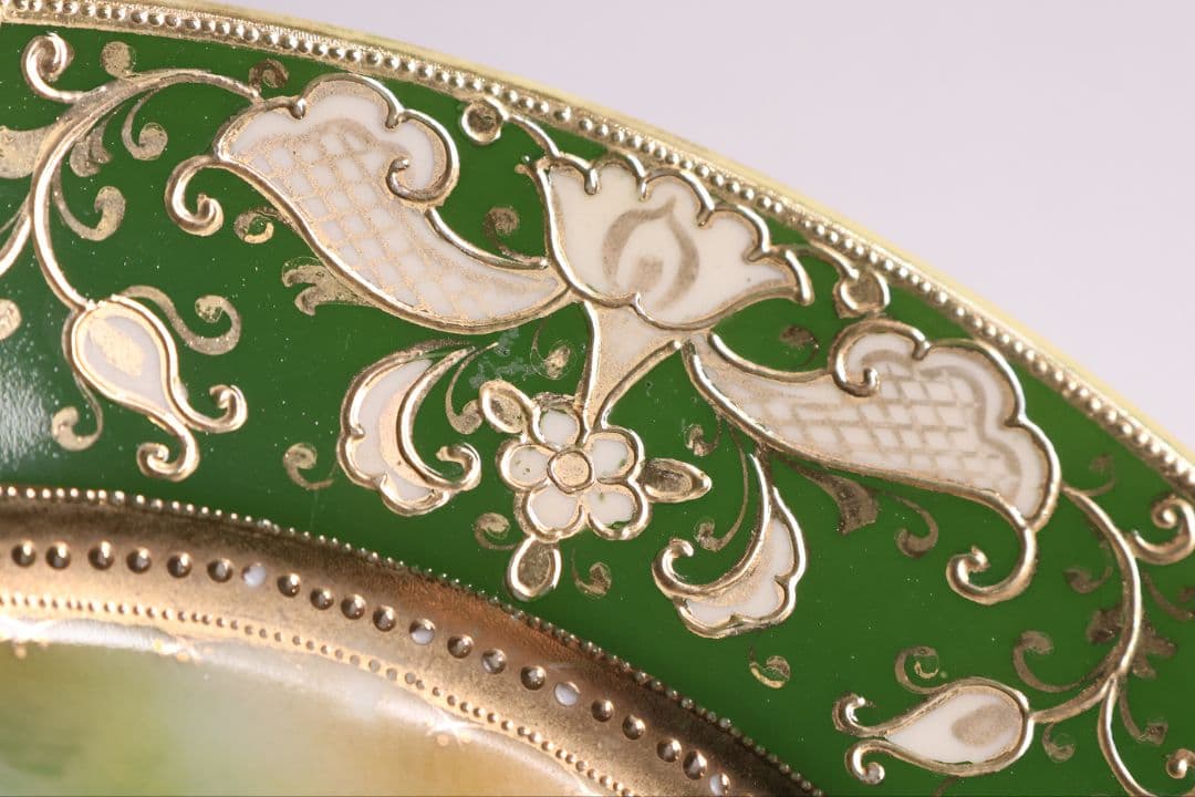 【CM298】オールドノリタケ 鹿 皿 プレート 金彩 盛上 緑 グリーン 明治