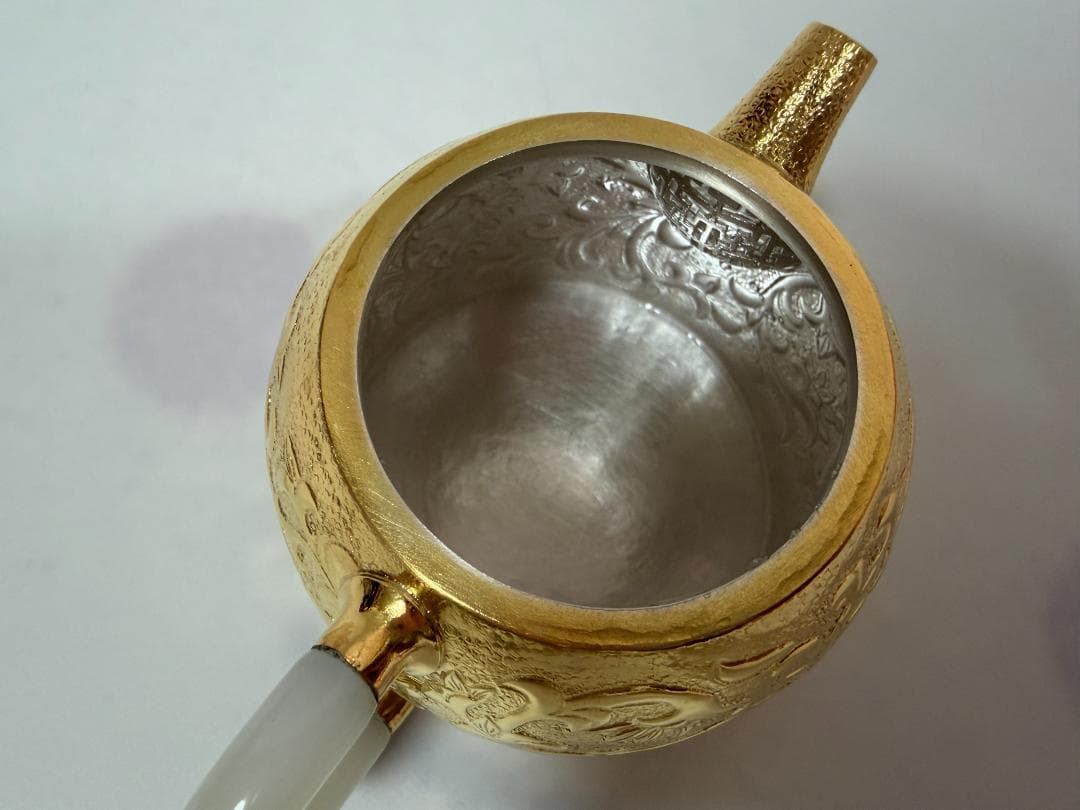 純銀製 花蔦文 金メッキ 玉石取っ手 急須 銀瓶 煎茶道具