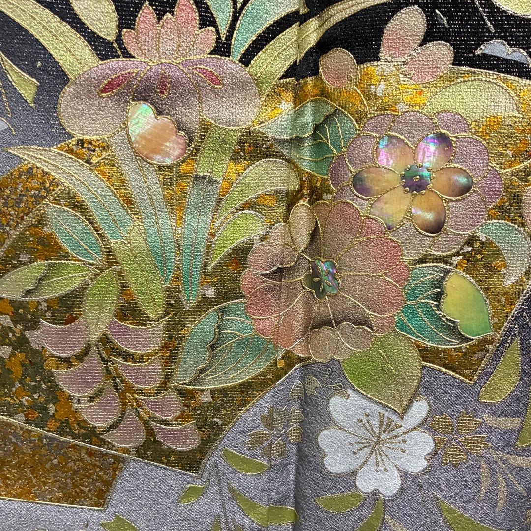 D42訪問着 螺鈿細工 枝垂れ桜 金通し 金彩 落款入 正絹 着物 袷 極美品