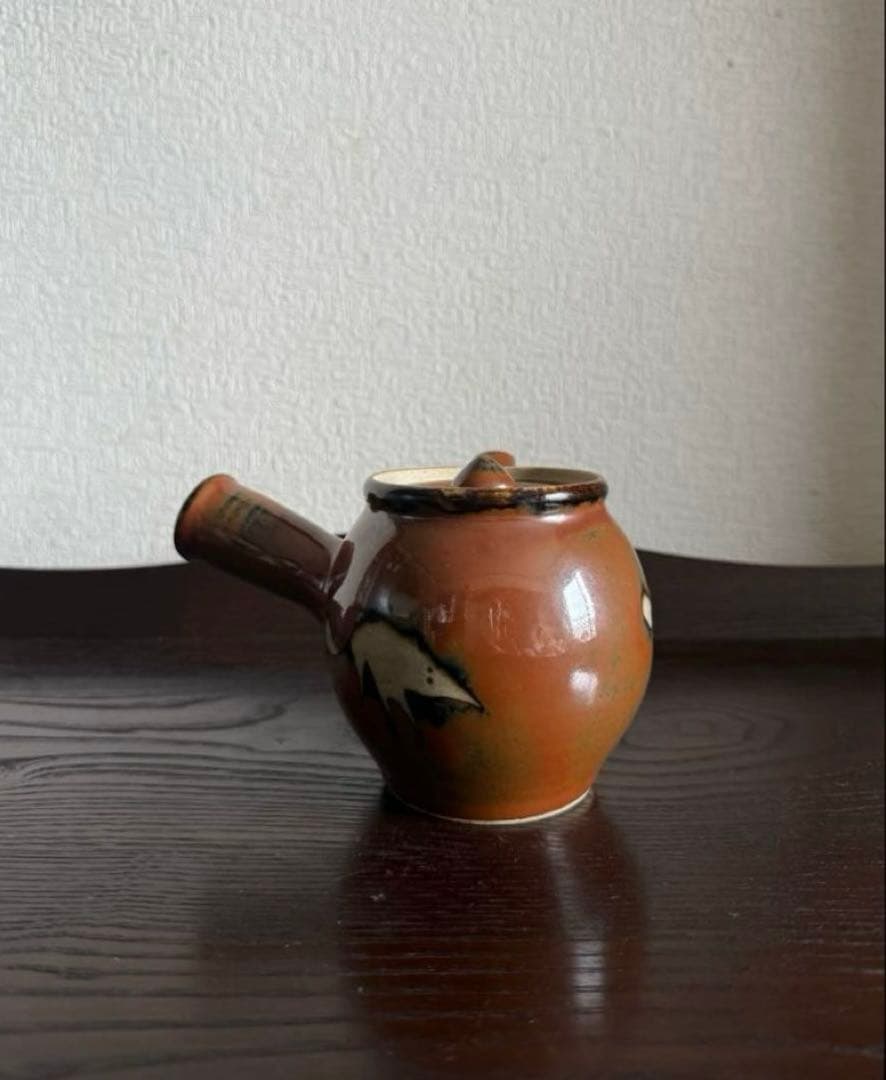 民藝 古作 益子焼 柿釉 抜絵 茶器揃 急須 湯呑み4客 古民藝 民芸