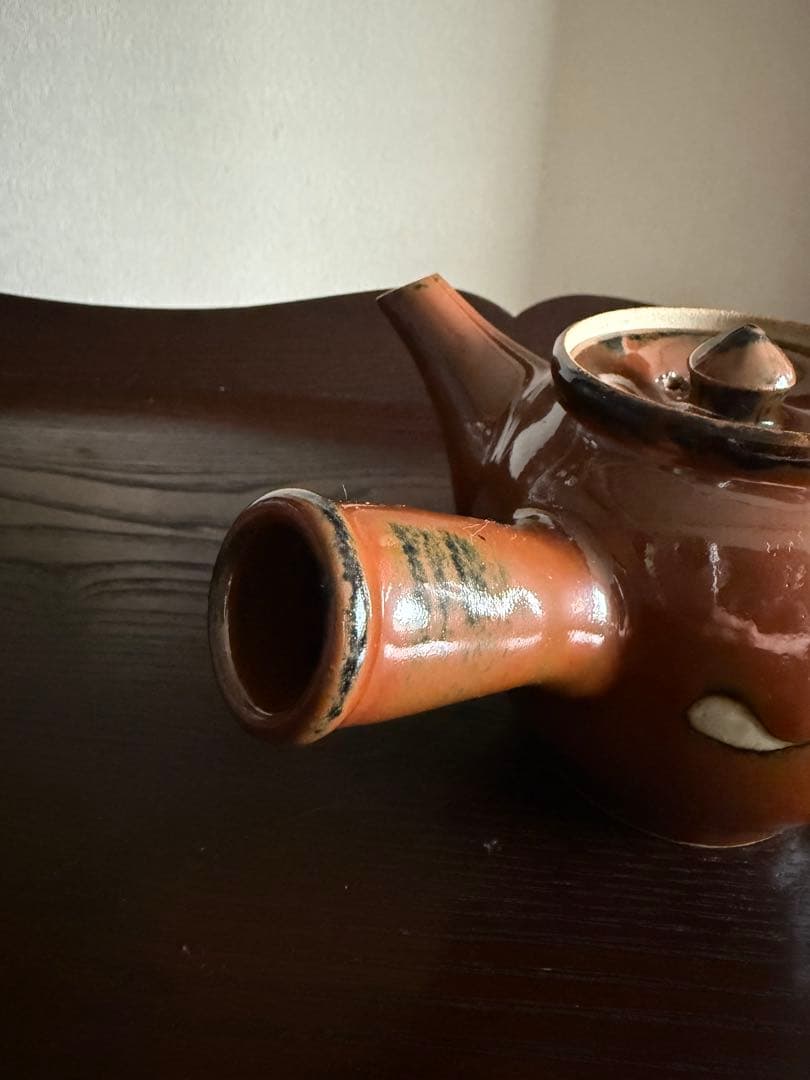 民藝 古作 益子焼 柿釉 抜絵 茶器揃 急須 湯呑み4客 古民藝 民芸