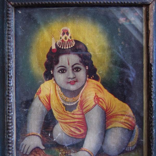 インドの古い宗教絵画　額装　ベビークリシュナ　アンティーク