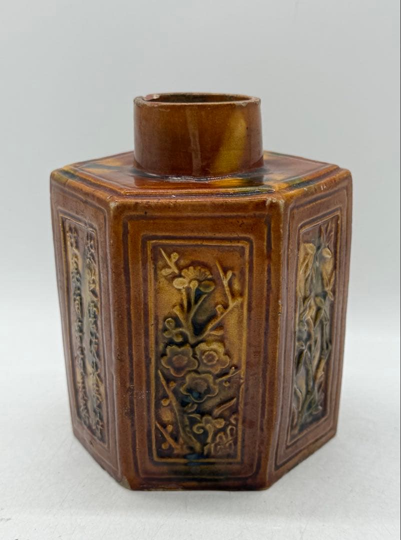 中国　清時代　素三彩　梅竹詩紋六角茶壺　アンティーク　送料込み251121