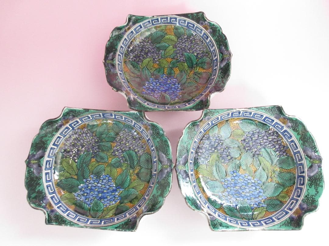 時代物 九谷焼 青手風 紫陽花紋 変形 なます皿 3客 TN 108 70816