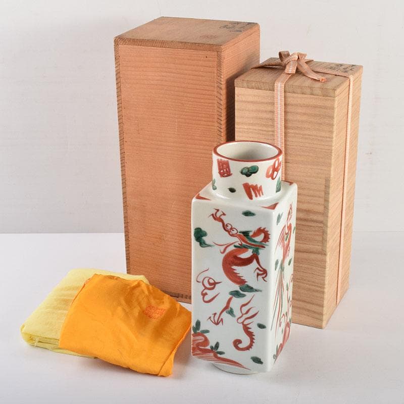 京焼　三浦竹軒造　赤絵　雲龍鳳凰文　四方瓶　共箱　M　R4967B