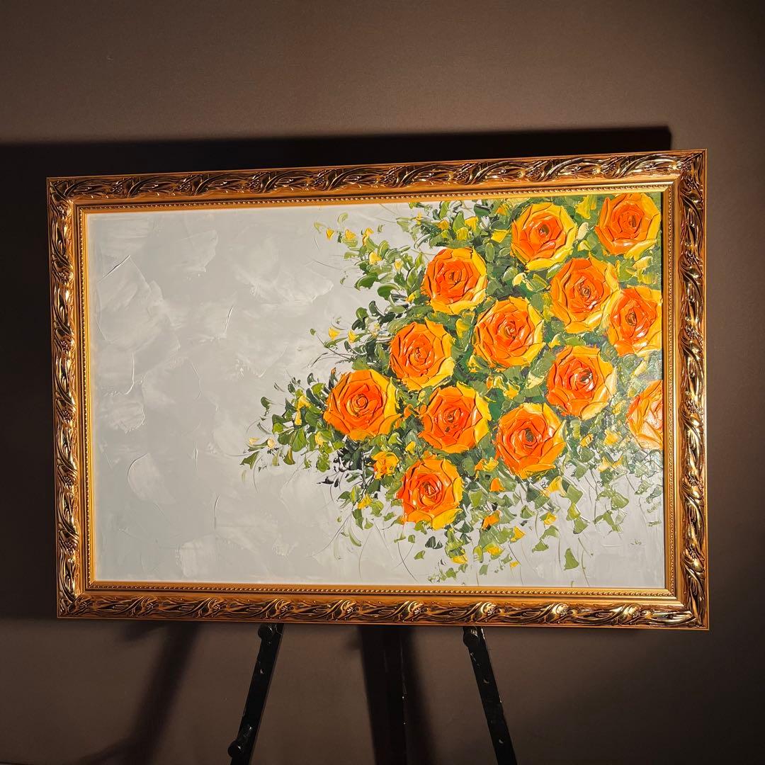 ★特大秀作★ 手書き油絵 イエローローズ 肉筆絵画 額付き インテリア 油彩画
