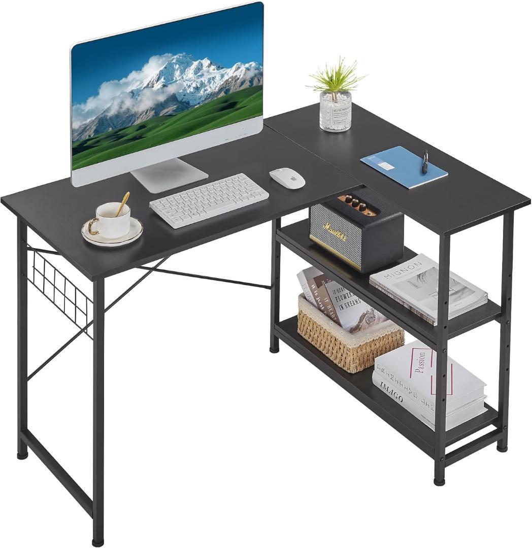 パソコンデスク L字デスク 幅110×奥行80×高さ75cm 棚付　ブラック