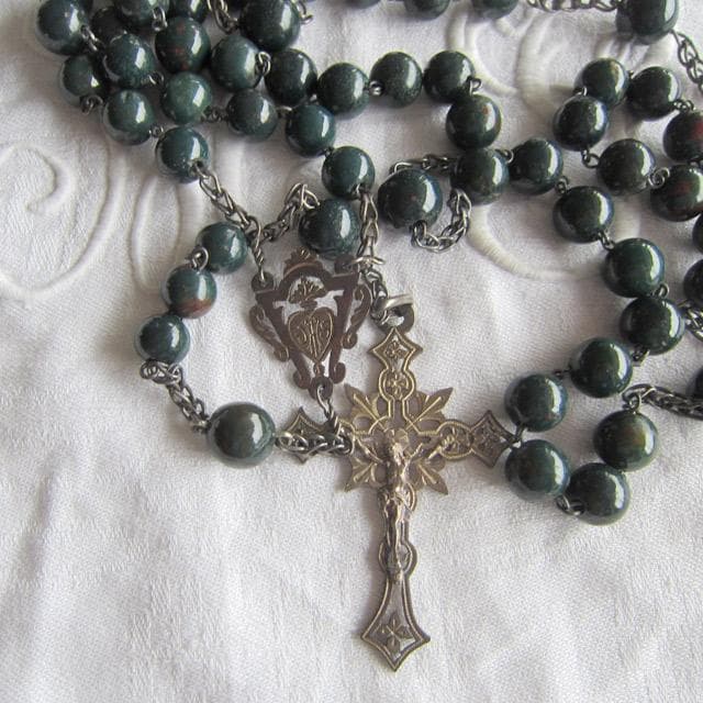 フランスアンティーク 純銀製 ロザリオ 透彫 革ケース付