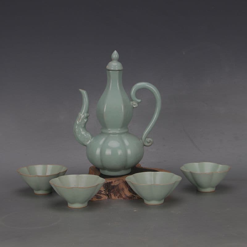 未使用品 宋汝窯青釉竜紋六方瓜稜瓢簞紋長柄執壺套組 工芸品 美術品 置物