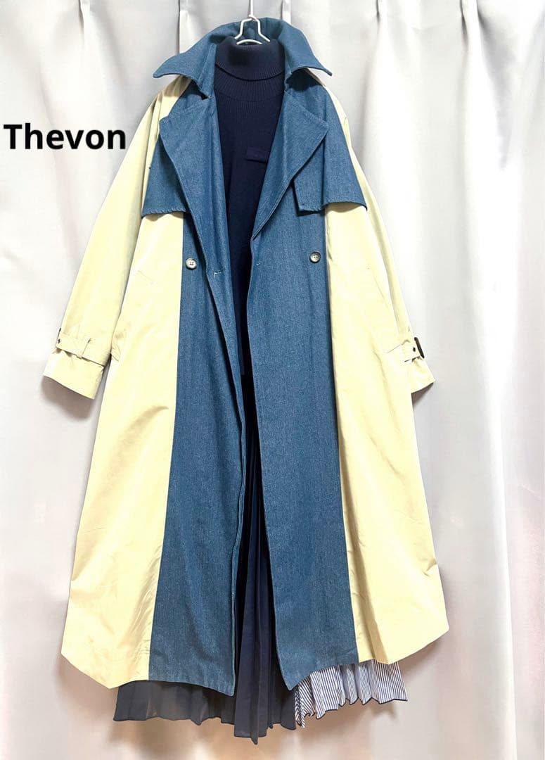 Thevon 異素材デニムリメイクデザインチェスターコート ゆったり トレンチ