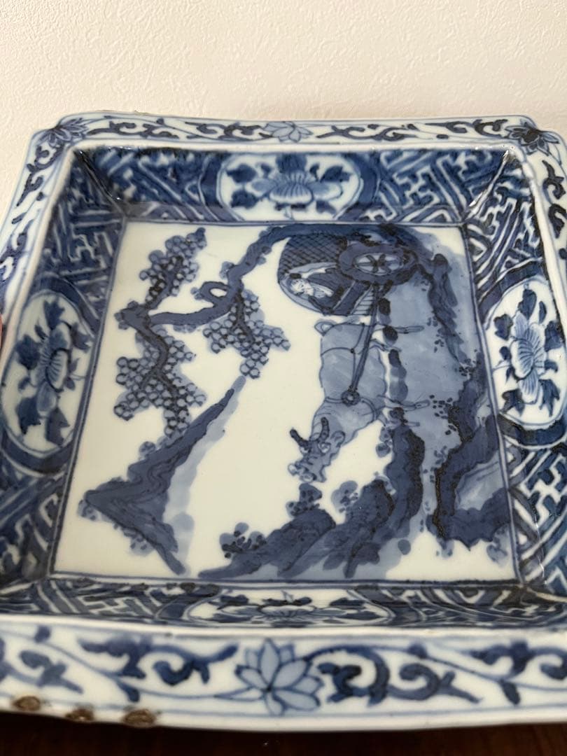 希少無傷　中国美術　明　天啓古染付　牛車に翁　紗綾紋　隅切角皿　古伊万里　清朝期