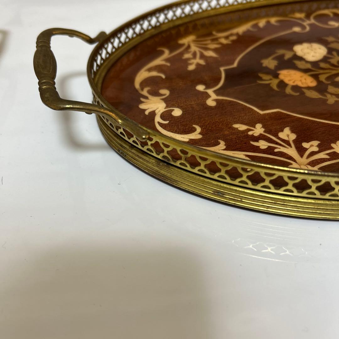 イタリア製 Demain 象嵌トレー２枚　象嵌花柄　木製 ゴールド手付