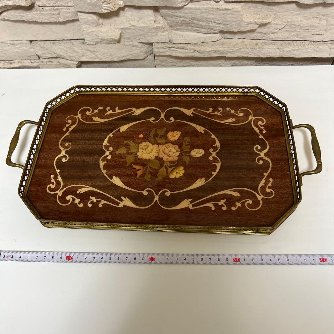 イタリア製 Demain 象嵌トレー２枚　象嵌花柄　木製 ゴールド手付
