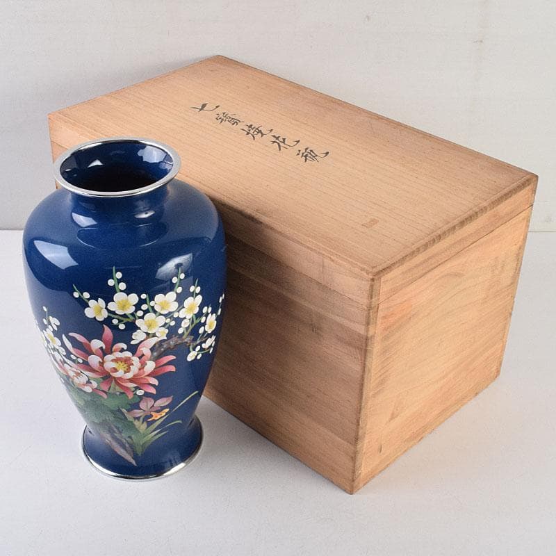 七宝焼　紺釉　四君子文　花瓶　共箱　F　R9167