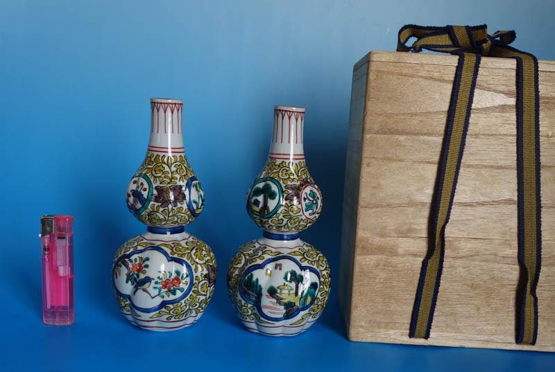 倣古九谷 唐草 九谷焼 陶源製 酒瓶 瓢箪 徳利 酒器 共箱 2464