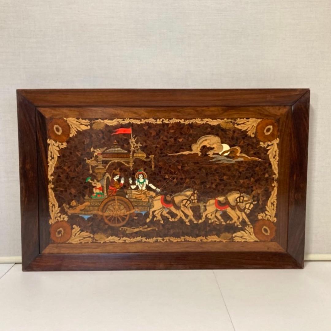 木製 壁掛け 象嵌細工 寄木 彫刻 工芸品 大型 パネル 芸術 アート レトロ