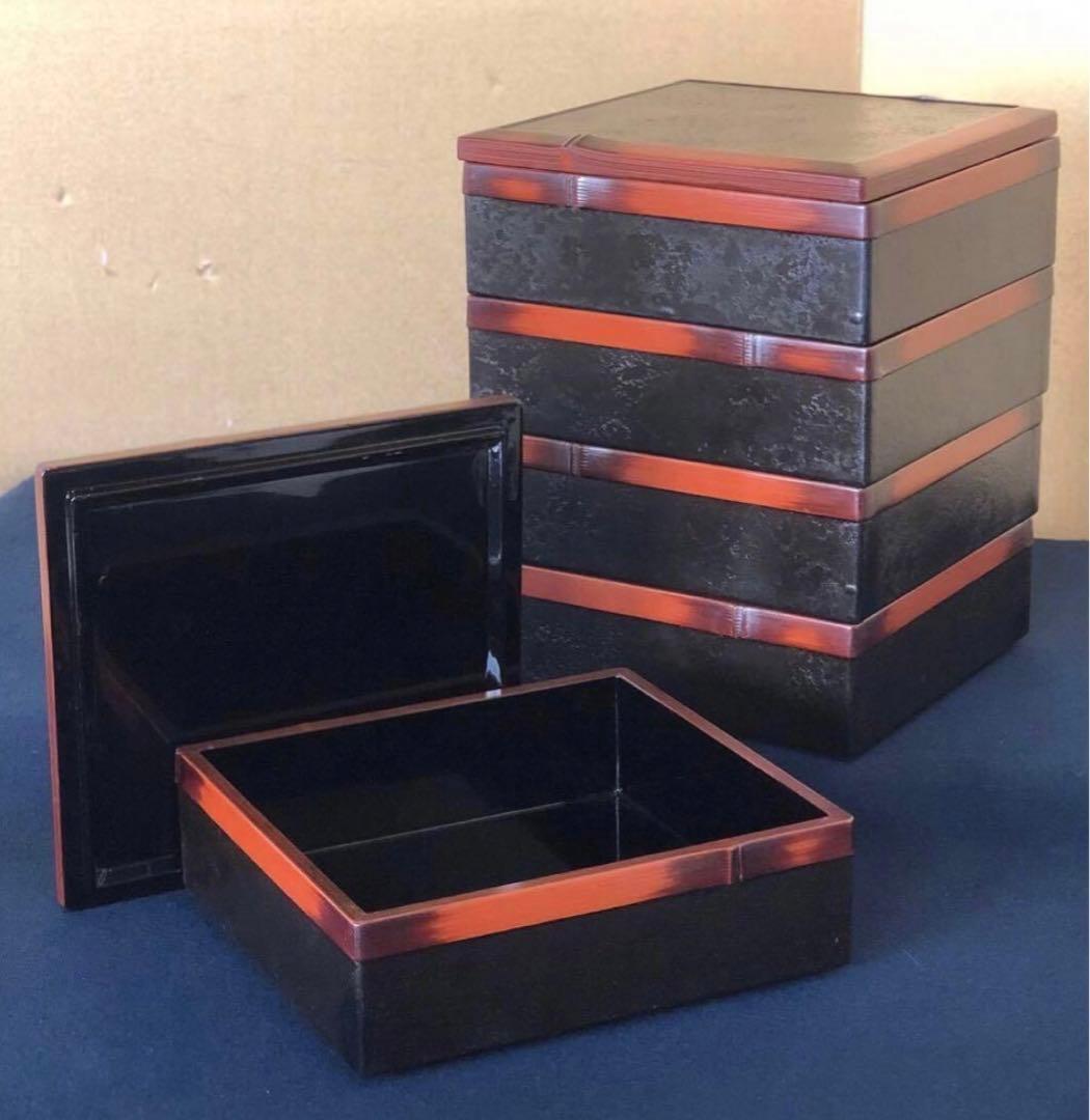 《レ》竹塗 五段重 重箱 替蓋付 木製漆器 木箱　251113え1