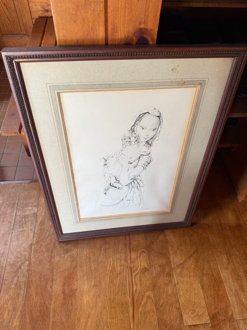 藤田嗣治（レオナール・フジタ）「猫を抱く少女」 作者サインあり　12/40