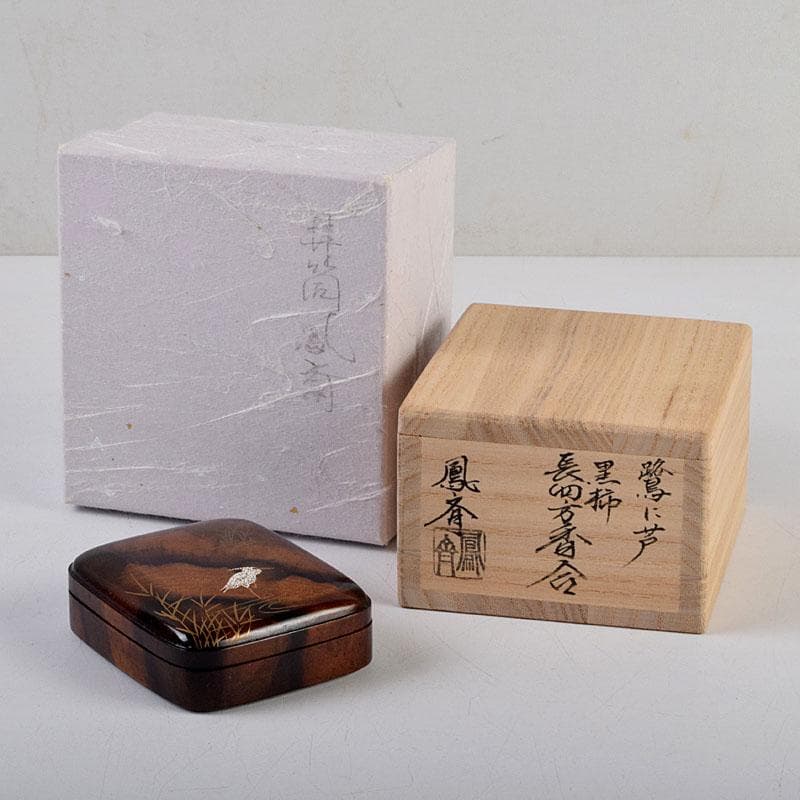 shellkid　井筒鳳斎　内金箔黒柿長四方香合鷺に芦　共箱　V　9126