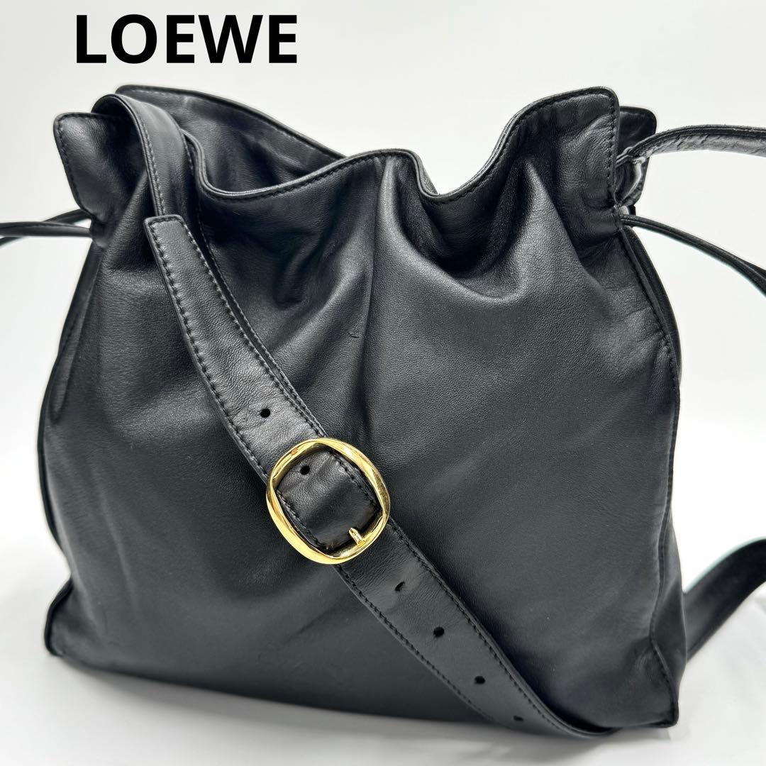 ロエベ フラメンコ アナグラム ナッパレザー ショルダーバッグ 巾着 ブラック