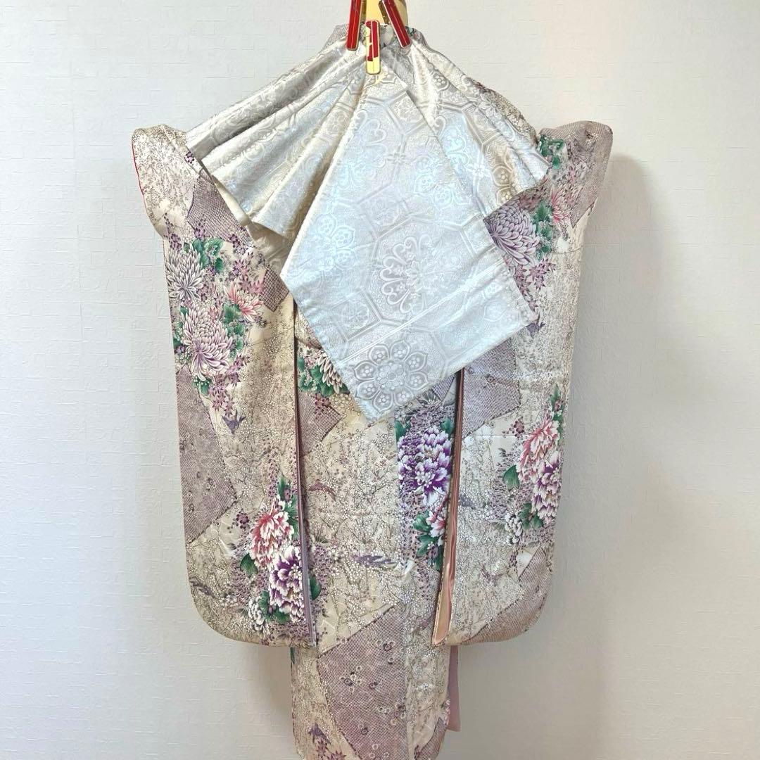 475 振袖フルセット 正絹 オフホワイト 薄紫 金彩 手描き 比翼仕立て 上品