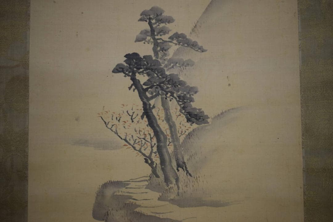 真作/松村呉春/松櫻小径/松桜/山水図/絹表装/布袋屋掛軸HI-313