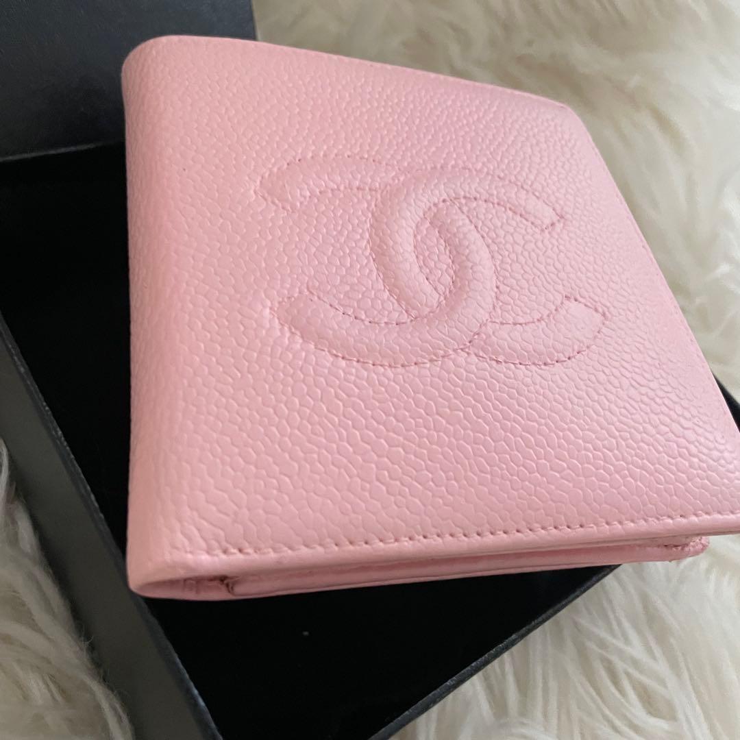 希少 シャネル キャビアスキン デカココ 二つ折り財布 ピンク CHANEL