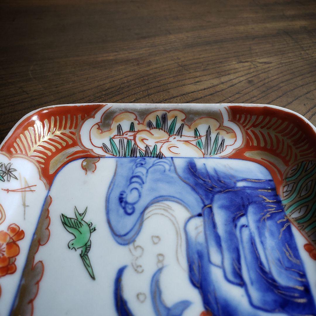 角皿 変形皿 色絵付 金彩 鳥 燕 鷺 波 自然風景 おもと 植物 古伊万里