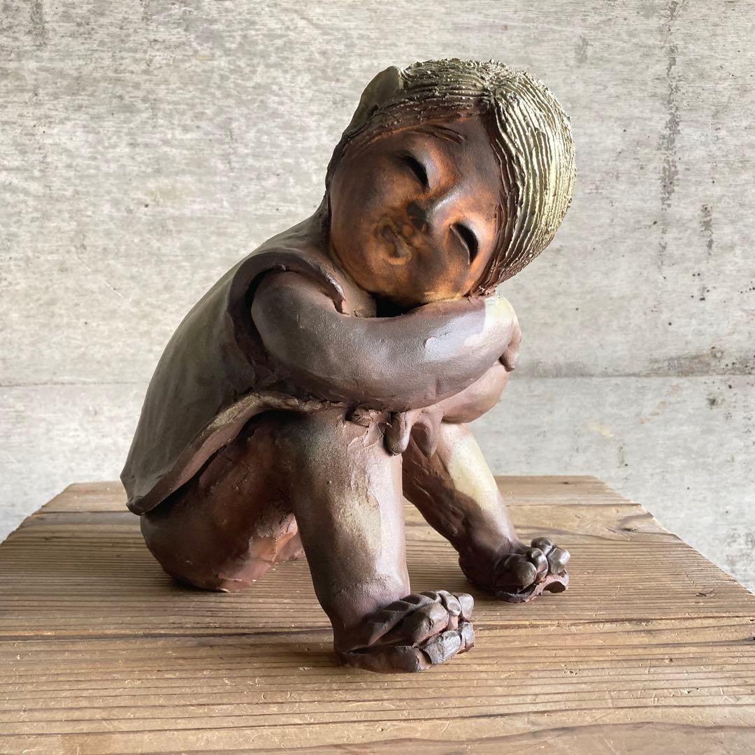 わらべ 童子 子供 像 陶器 陶芸 彫刻 置物 工芸品 和風 オブジェ レトロ