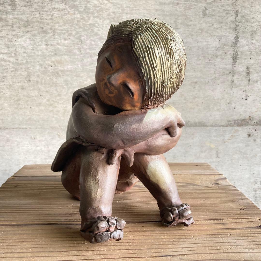 わらべ 童子 子供 像 陶器 陶芸 彫刻 置物 工芸品 和風 オブジェ レトロ