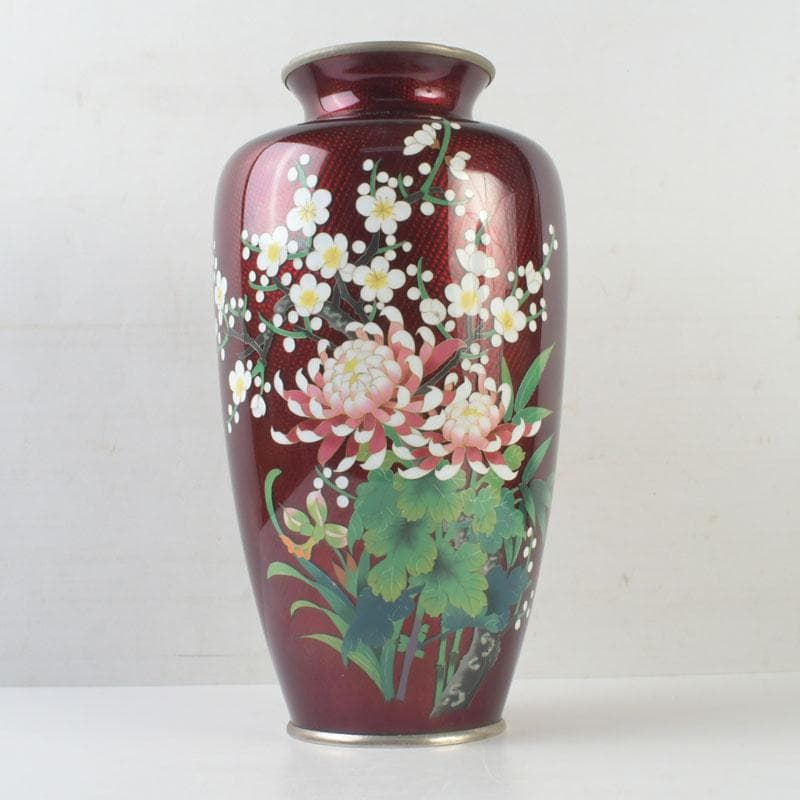 七宝焼　赤透釉　四君子文　花瓶　高さ約31㎝　V　9737A