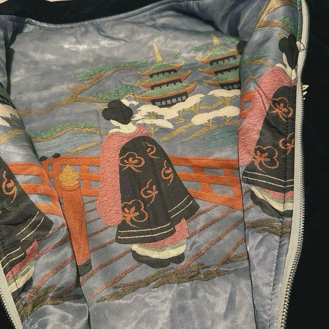 【中綿ブルゾン】刺繍ドラゴンと鷲のベルベットジャンパー　ネイビーLLサイズ