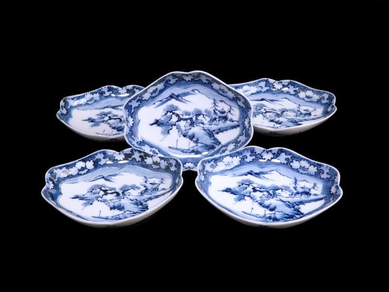 平戸　伊万里　染付　山水紋の図　菱形変形皿　５客　D272AS-fbqc