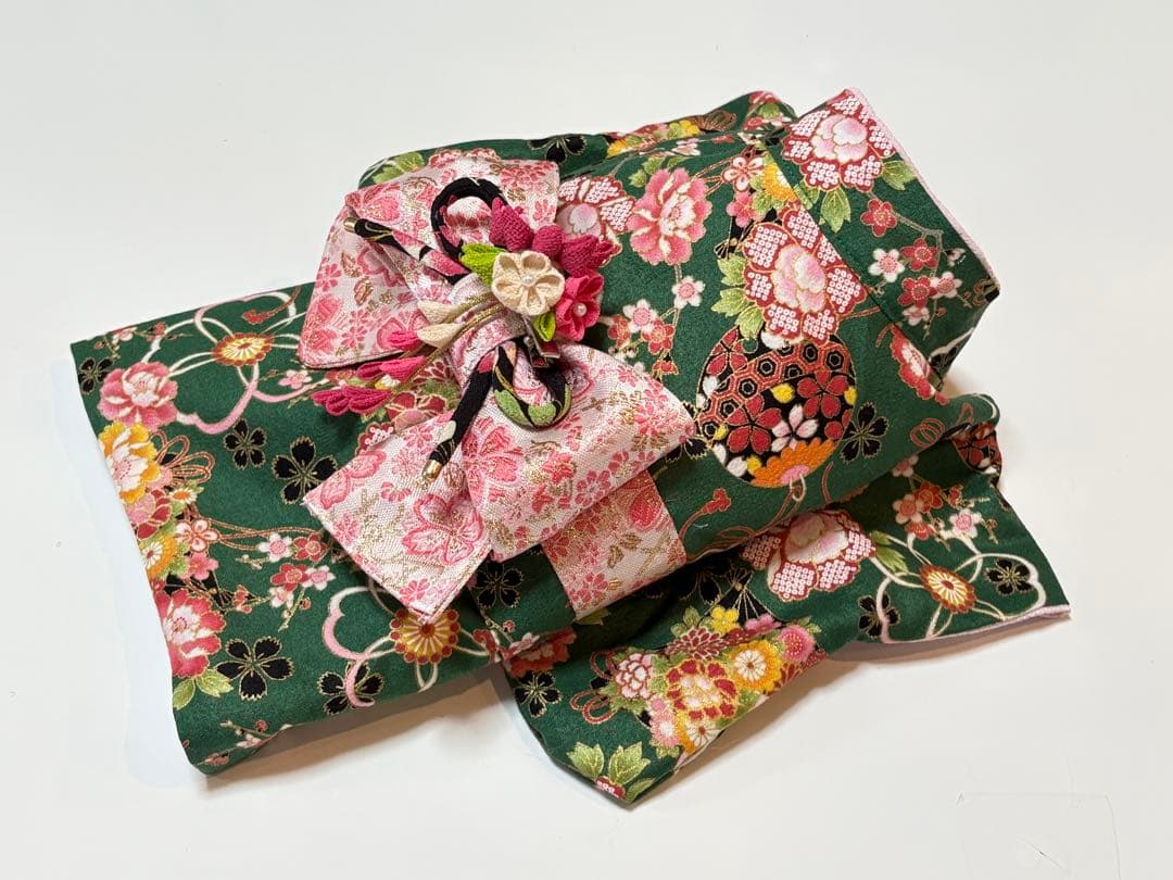 ★新作★完成品☆犬服☆つまみ細工帯飾り付き 犬用着物Sサイズ女の子 華 グリーン