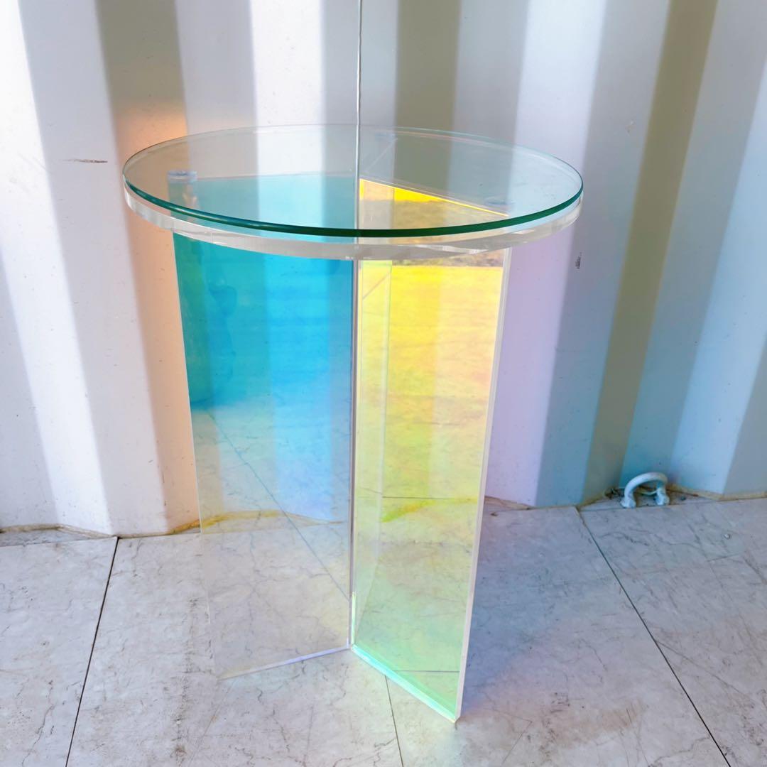 取付無料！オーロラ ホログラム 韓国風アクリル円形ミニサイドテーブル✨