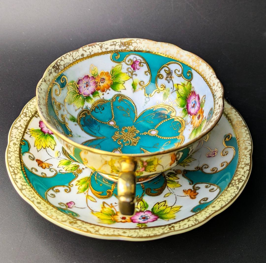 里帰り★佐治貿易 金彩金盛上草華紋様 ターコイズ カップソーサー