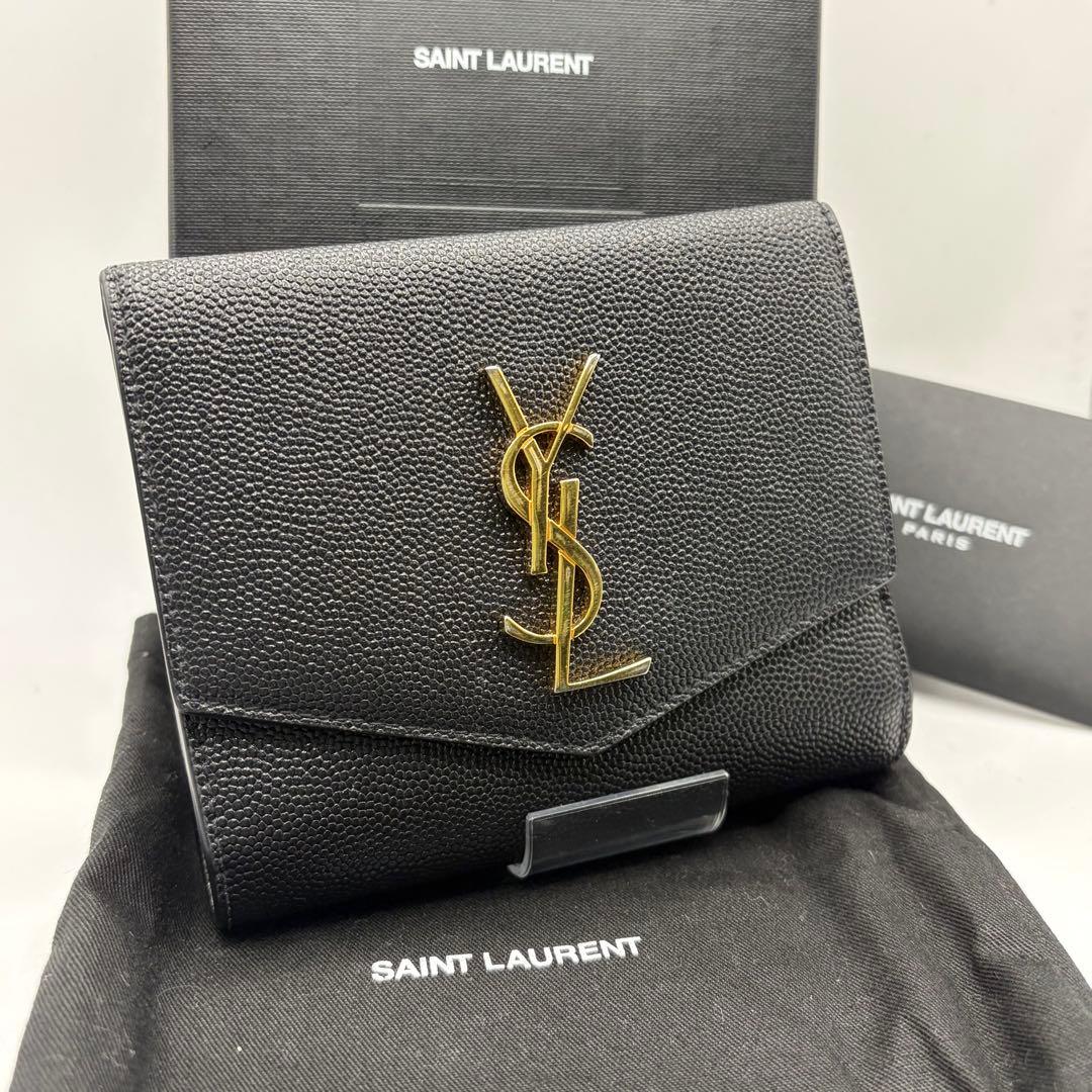 【正規品】サンローラン YSL 三つ折り財布 黒 レザー ゴールド金具 付属品付