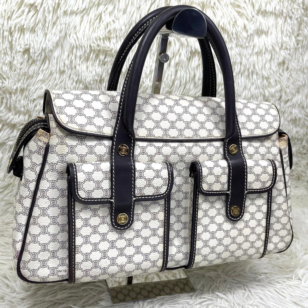 希少品‼️CELINE セリーヌ　ハンドバッグ　白マカダム柄　ロゴ金具　PVC