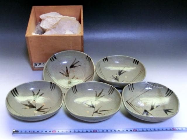 鉢■絵唐津向付 小鉢 5客 古い唐津 竹絵 四角皿 銘々皿 時代物 骨董品■