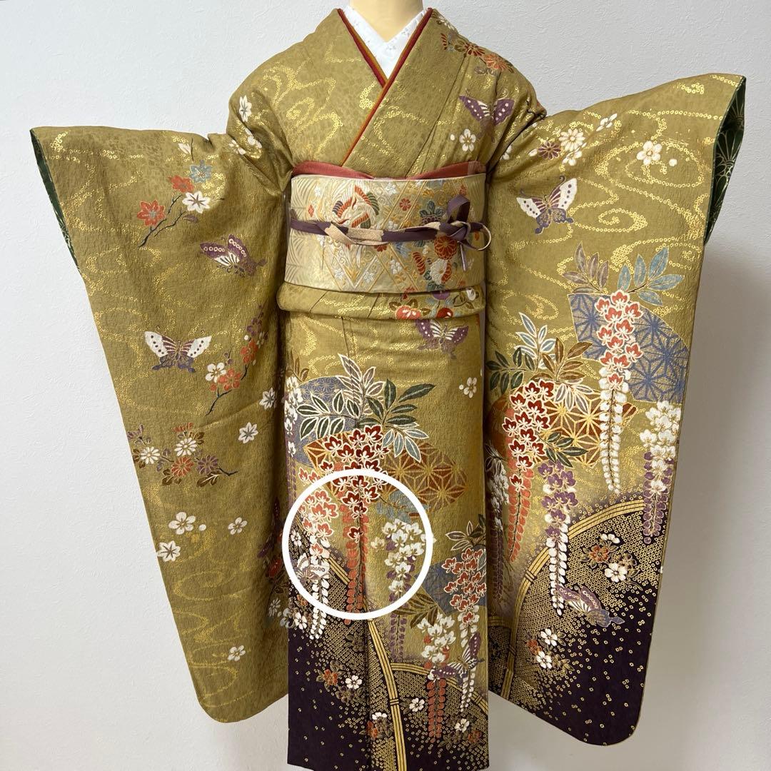 382 振袖フルセット 正絹 カーキ 茶 金彩 暈し染め 鈴乃屋 シック くすみ