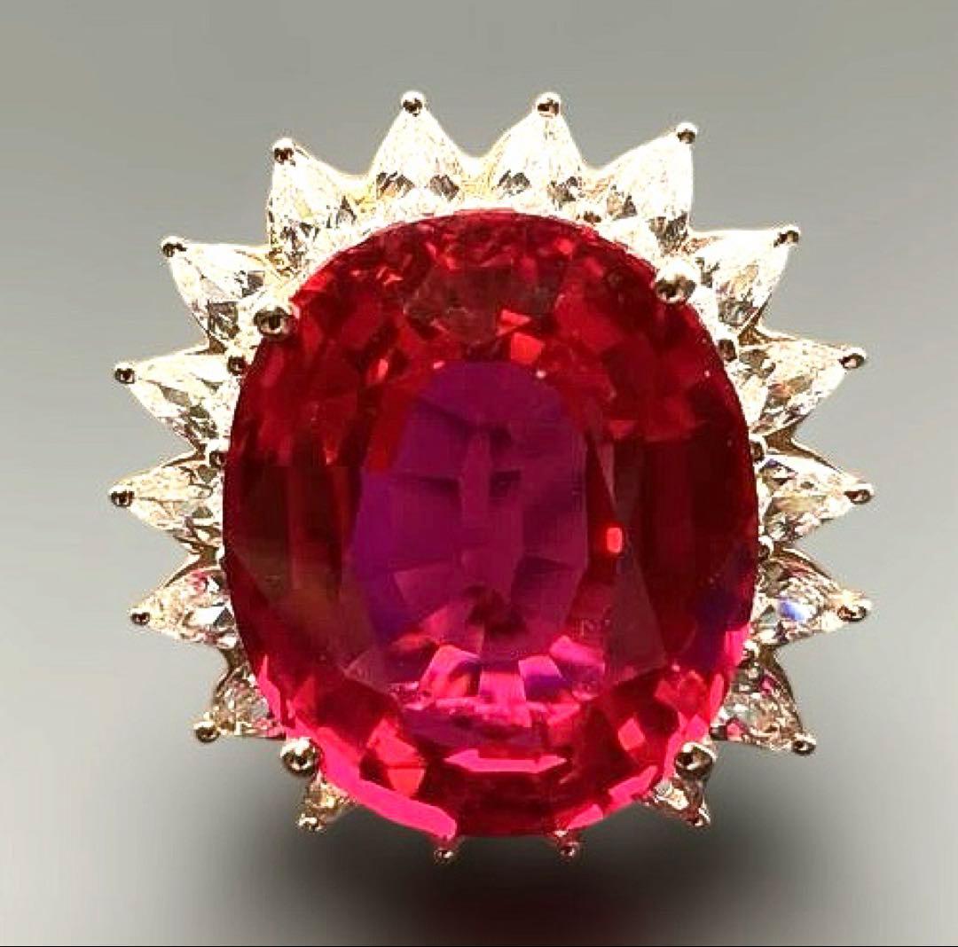アフリカ産 天然ルベライト レッドトルマリン ホワイトサファイア36.3CT指輪