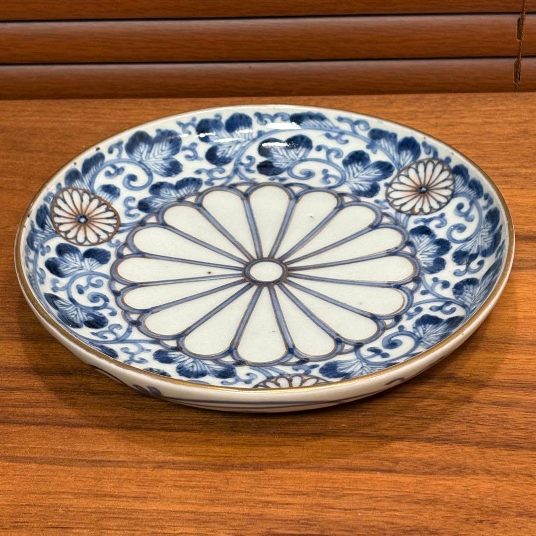 江戸時代 古伊万里染付 唐草菊図金彩皿