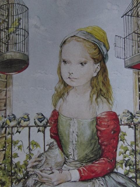 藤田嗣治、【鳩と少女 】、希少な限定額装用画集画、新品高級額 額装付