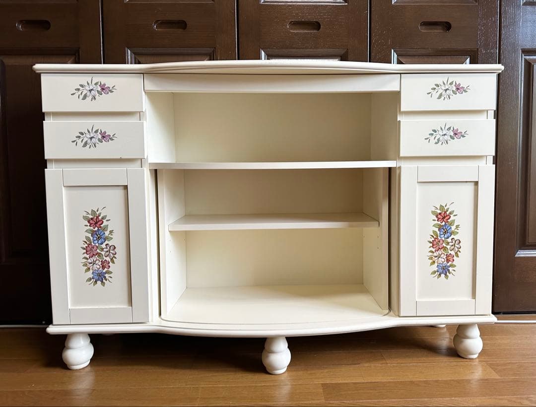 Kiyoka アンティーク　オフホワイト花柄キャビネット　チェスト