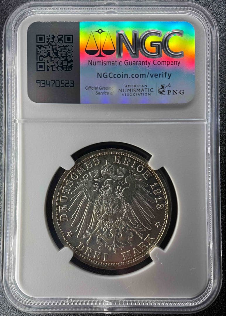 1913年 ドイツ帝国 プロイセン3マルク銀貨ウィルヘルム2世 NGC MS63