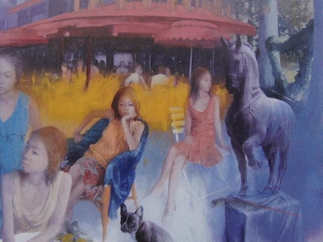 蛭田均、【モンパルナスのカフェ】、希少な額装用画集より、新品額装付